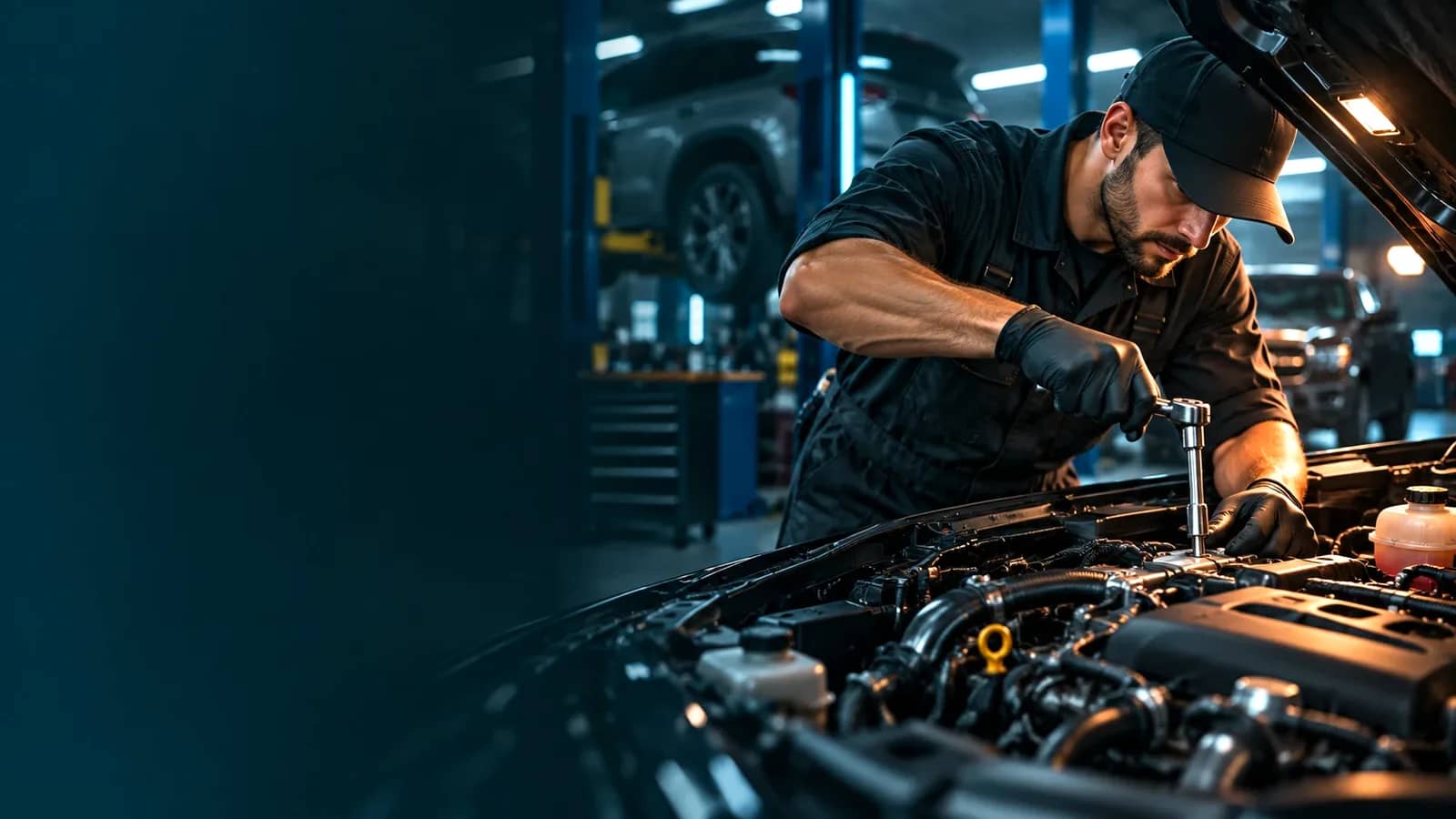 Technician with a ratchet working under the hood of a car in the Dallas shop, cars on the lifts behind
