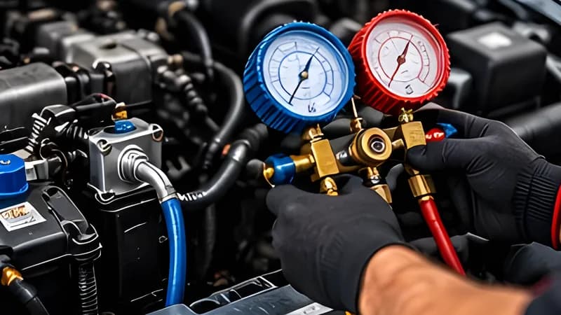 Manifold gauges connected to the A/C service ports while the system pressure is checked