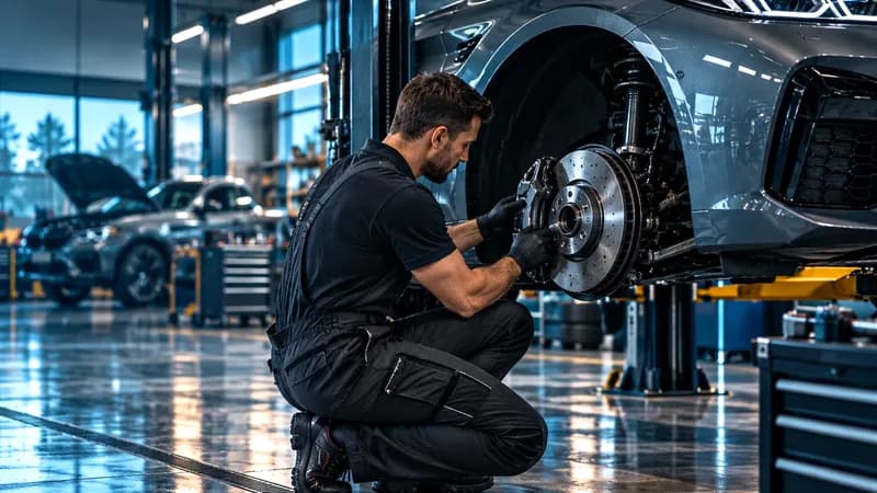 Technician fitting a new brake rotor and caliper on a car raised on the lift