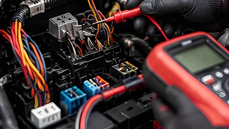 Technician probing a relay box with a multimeter during a check engine diagnosis