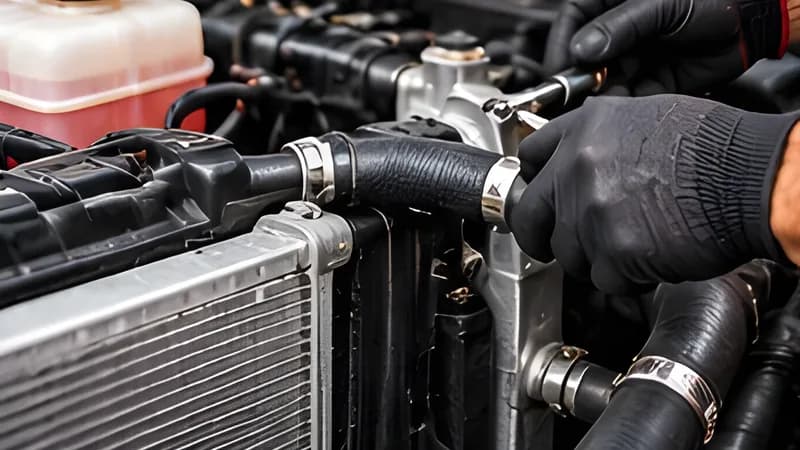 Radiator hoses and clamps being fitted during a cooling system repair