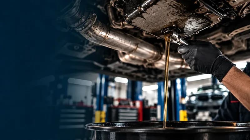 Used oil draining from the oil pan into the catch pan during an oil change on the lift