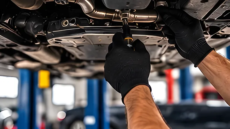 Underside of a car checked on the lift during a pre-purchase inspection