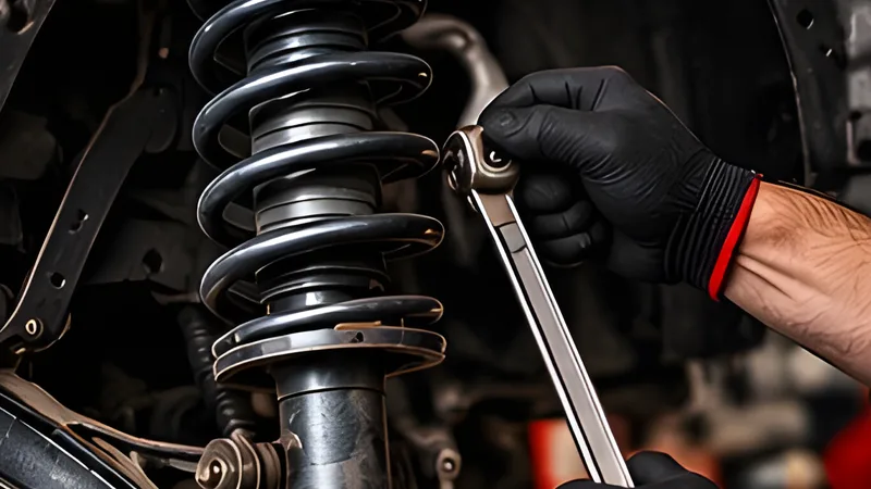 Technician tightening a strut assembly during a suspension repair