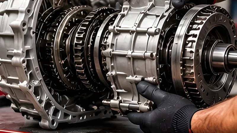 Automatic transmission with its clutch packs exposed on the bench during a rebuild